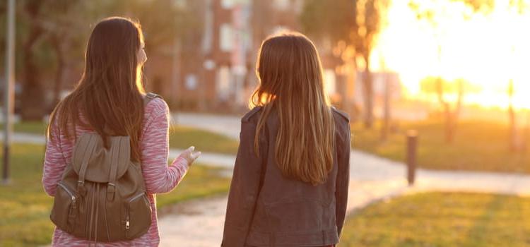 two friends stroll on a park path at dusk